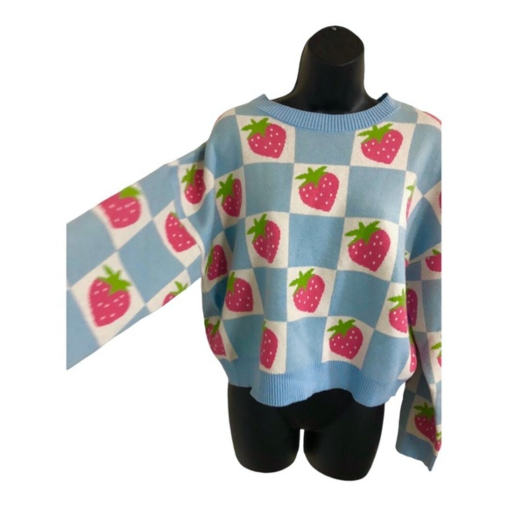 Blue White Strawberry Checkered Pattern Crew Neck… - image 6